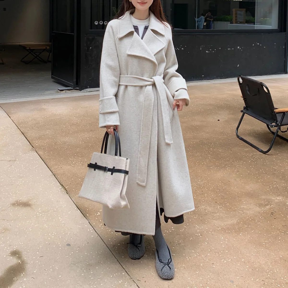 เสื้อโค้ทขนสัตว์สองด้านคุณภาพสูง BJTZ สำหรับผู้หญิง ความยาวปานกลาง ผูกเชือก ปกพับได้ เสื้อแจ็คเก็ตขนสัตว์เรียบง่าย คอลเลคชั่นฤดูใบไม้ร่วง/ฤดูหนาว 2025 รุ่นใหม่