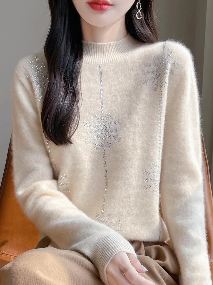 

Women's Camere Knitted Sweater f High Collar Snowflake Rhinestone Hooded Long Sve Warm Thermal Base Layer Top