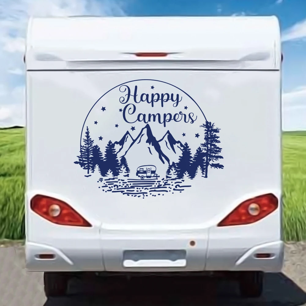 Large Happy Campers Rv Car Truck Sticker Decal with Mountains and Trees Round Circle Rv Caravan Motorhome Vinyl Decor