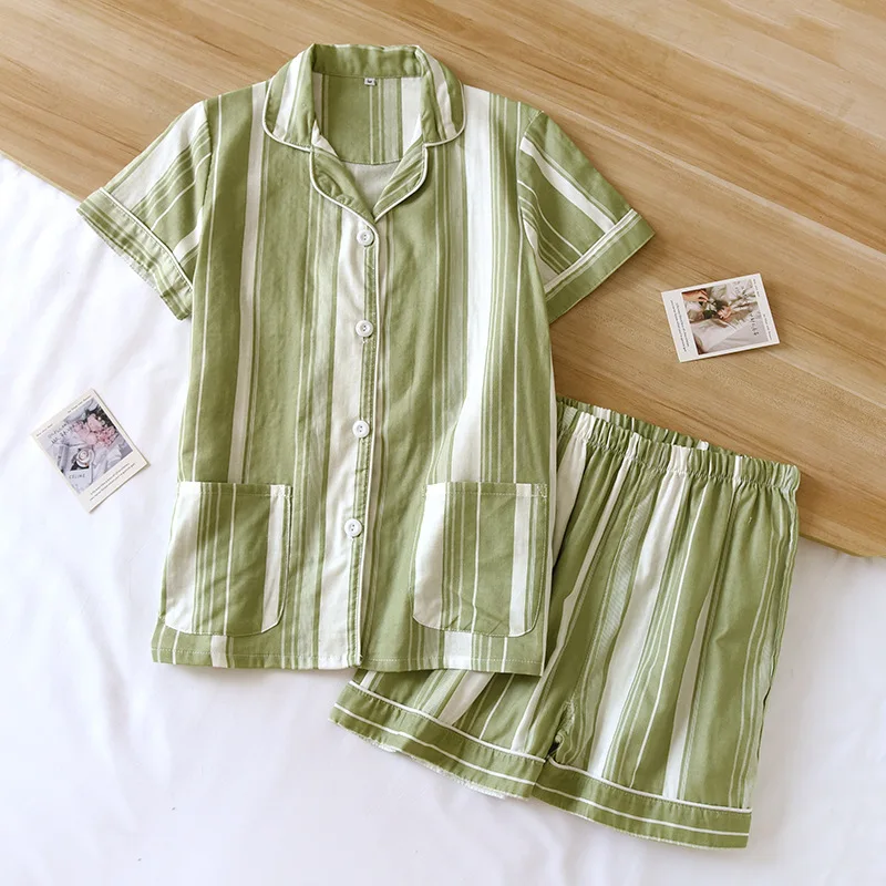 

2024 New Japanese Summer Couple Pajama Set 100% Cotton Striped Short Sleeve Shorts for Men and Women Home Suit Two Piece Set
