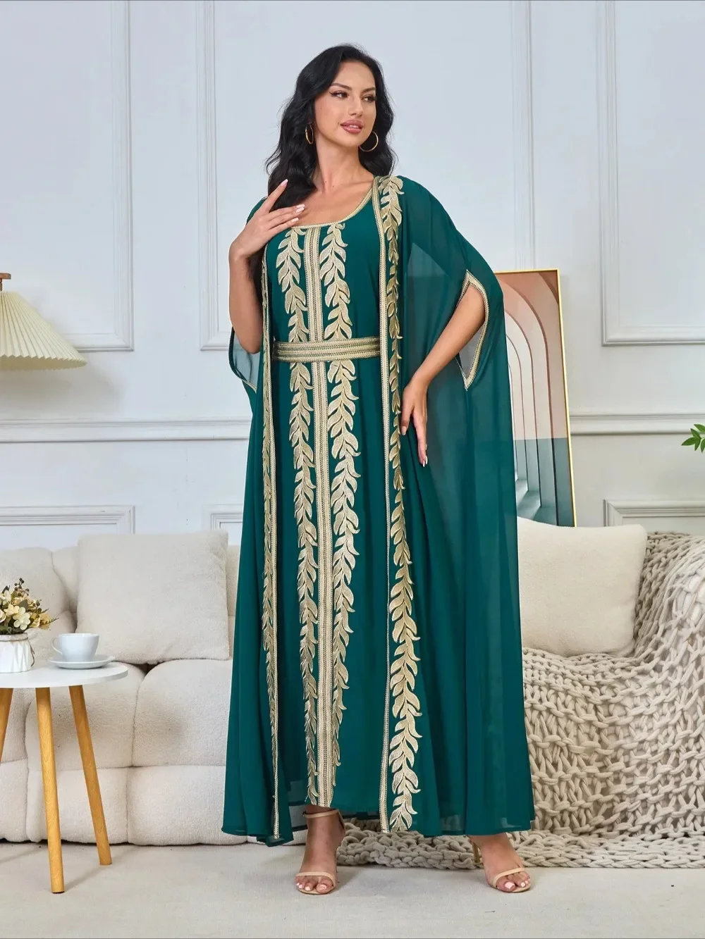 Ramadan Muslim Women Two Piece Dress Party Jalabiya Sashes Dubai Abayas Eid Arab Long Robe Vestidos Morocco Kaftan Dresses