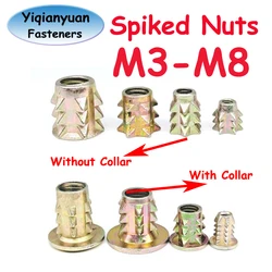 Yiqianyuan M3 M4 M5 M6 M8 Color Zinc Plated Carbon Steel Spiked Nuts Connect Nuts Wood Insert Nut with Collar/without Collar