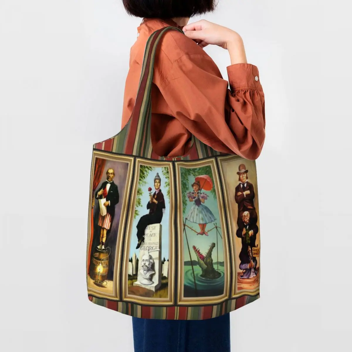 Haunted Mansion Stretching Grocery Shopping Tote Bag Women Kawaii Canvas Shoulder Shopper Bag Big Capacity Bags Handbags