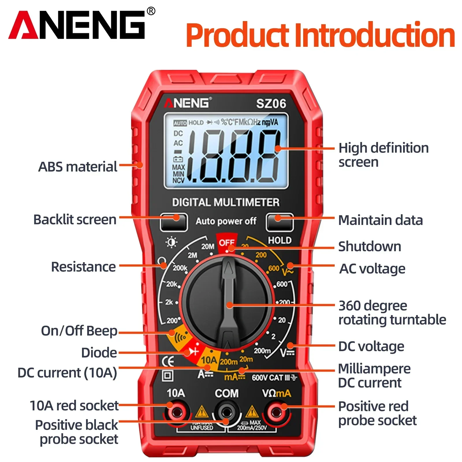 ANENG SZ06 2000 Count Smart Digital Multimeter AC/DC Voltage Meter DC Current  Ohm Tester Electric Tools Measuring Device