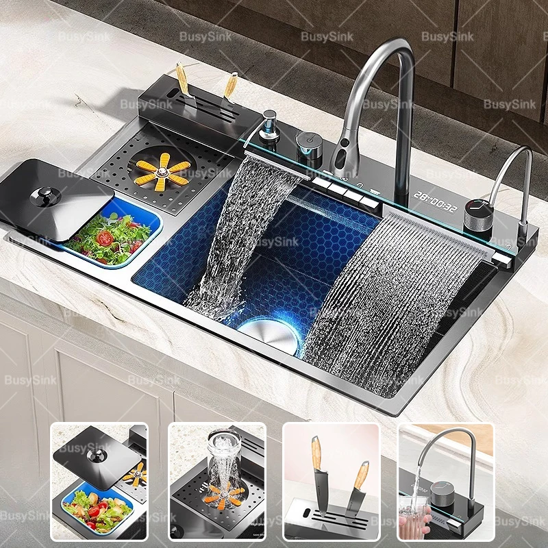 Stainless Steel Kitchen Sink Multifunction Waterfall Sinks Large Single Slot Digital Display Faucet Set Dishwashing Sinks