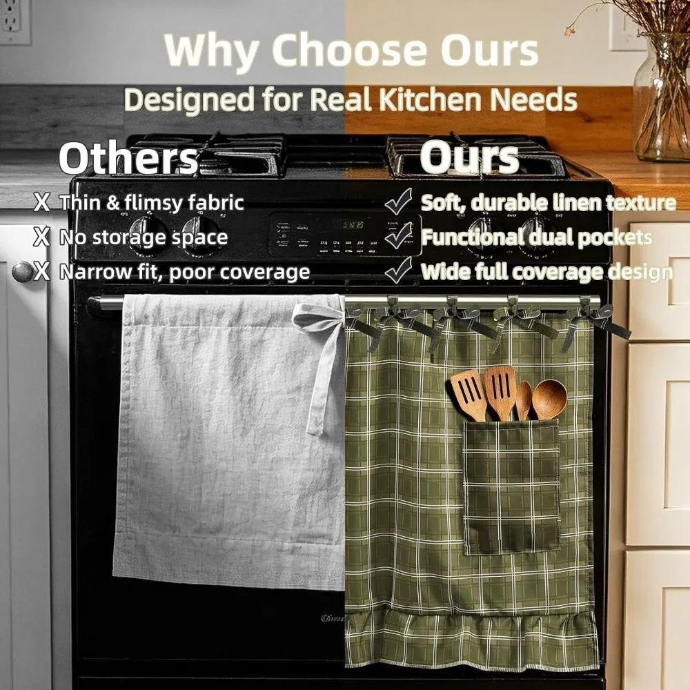 Pastoral Style Oven Skirt Curtain with Pocket Decorative Tie Top Stove Cover Checkered with Ruffle Trim