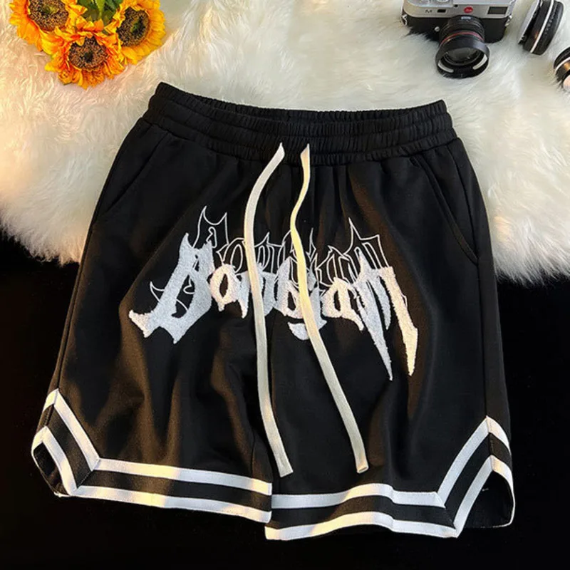 Streetwear Hip Hop Sports Shorts Men Harajuku Letter Embroid Summer Loose Elastic Waist Gym Basketball Fitness Jogging Shorts