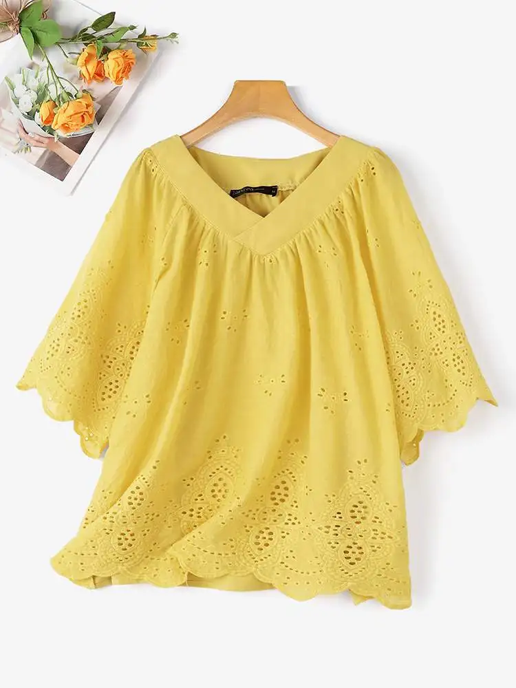 2024 ZANZEA Summer Lace Crochet Shirt Women Elegant 3/4 Sleeve Embroidery Blouse Fashion V Neck Holiday Blusas Patchwork Tops