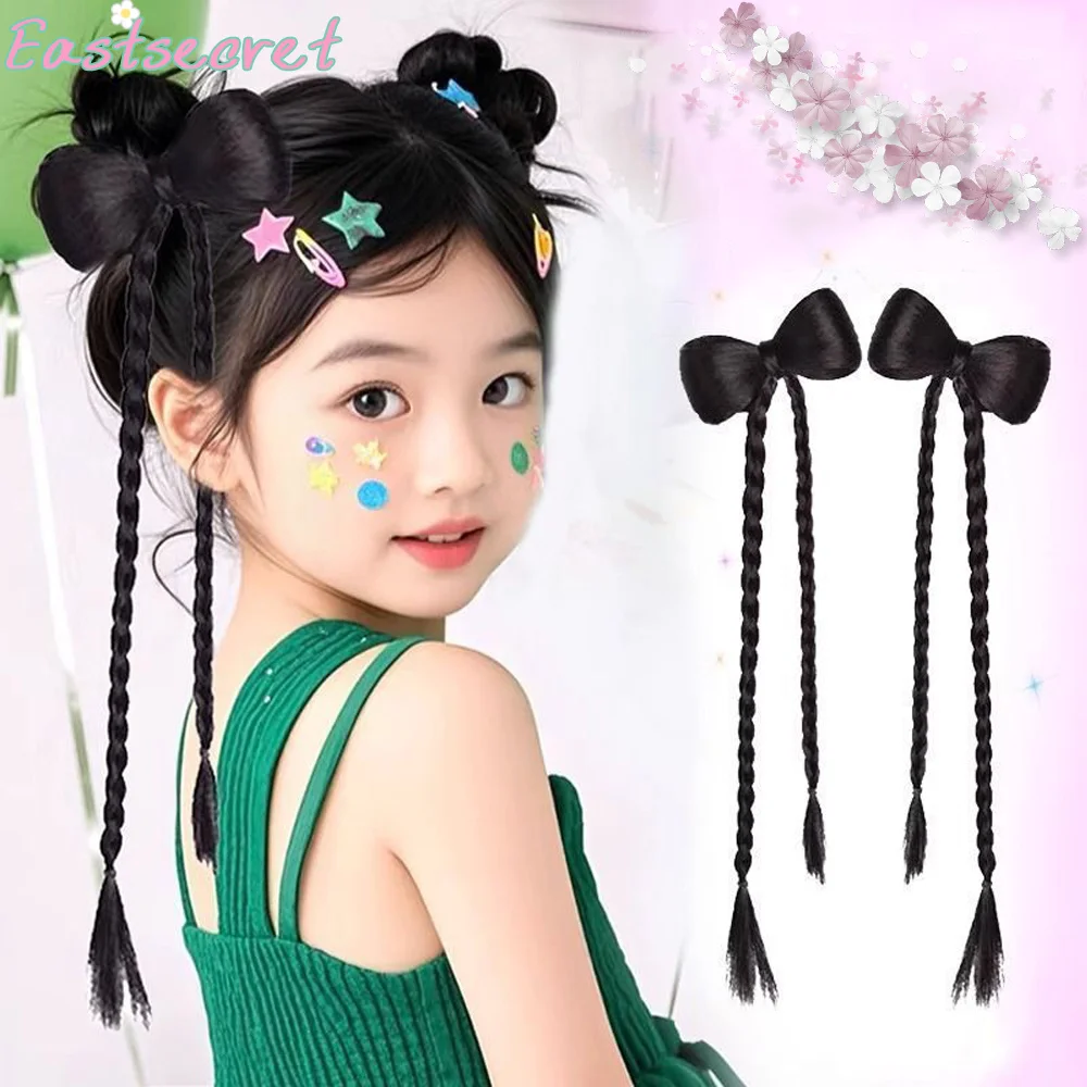 شعر مستعار اصطناعي من EAST ذيل حصان مزدوج من العجين المقلي، عقدة على شكل فيونكة، مشبك إمساك على شكل رأس كرة منفوشة مرحة