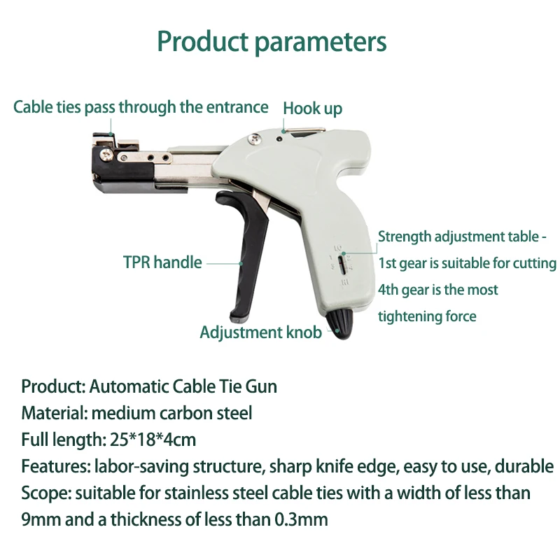 304 Stainless Steel Cable Ties Gun Self-Locking Hand Fastening Tool Gray Metal 0.3-7.9mm with Wire Zip Tension Plier