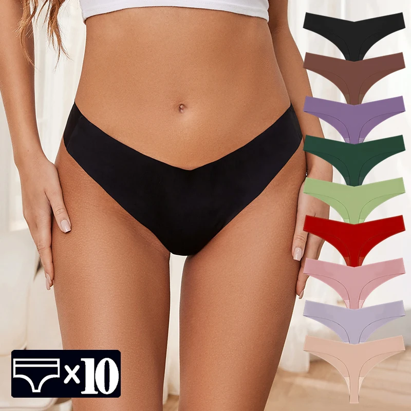 10Pcs/Set Women\'s Seamless Thongs Panties 2024 New Underwear Invisible Solid Casual Thongs Underpants for Woman T Back 10 Pieces