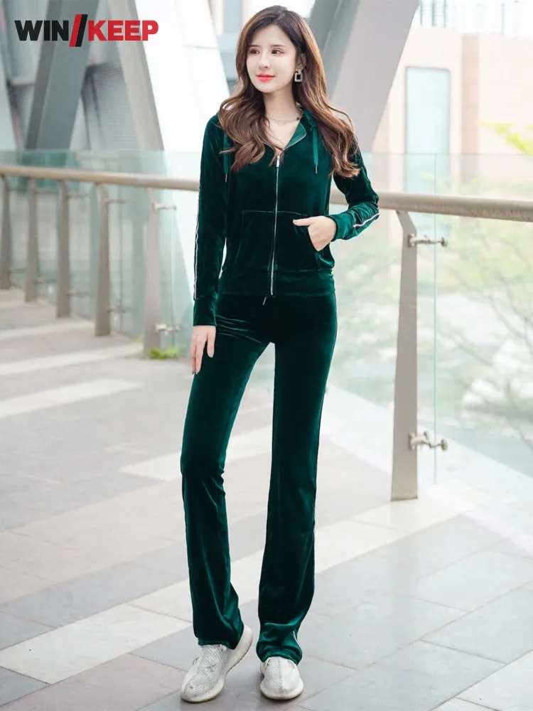 

Fashion Outdoor Women Running Sportswear Zipper Hooded Sweatshirt Two Piece Set Tracksuit Gym Fitness Lady Jogging Training Sets