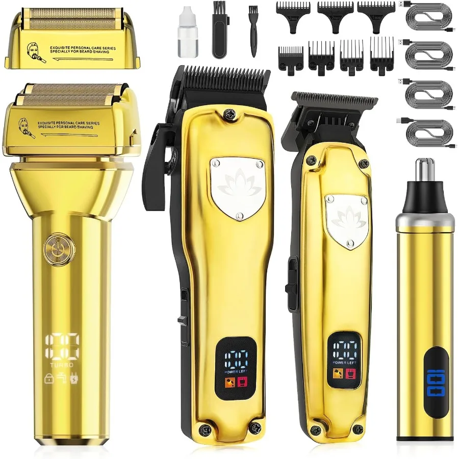 

4-in-1 Cordless Hair Clippers for Men T-Blade Trimmer Electric Foil Shaver Nose Hair Trimmer LCD Display Gold Metal Grooming Ki