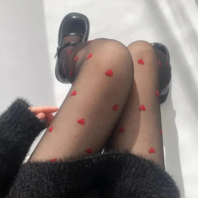 Exquisite Red Heart Print Silk Stockings Sweet Girls Christmas Gifts Nylon Tights Women Sexy Nightclub Female Alluring Hosiery