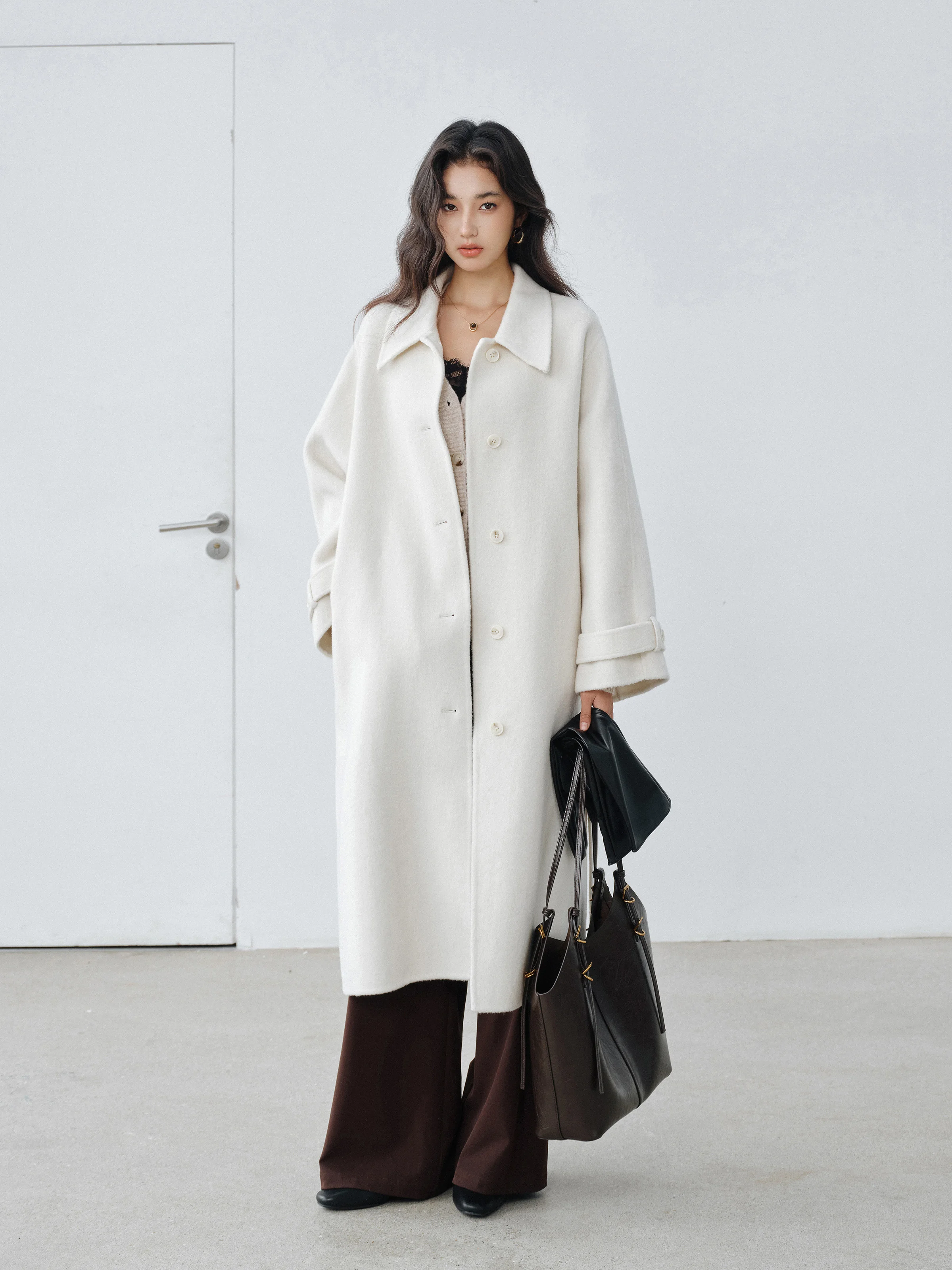 معطف طويل أنيق يشبه الصوف للنساء معطف شتوي بحزام من الصوف مزدوج الوجه وطية صدر السترة ملابس خارجية أنيقة ودافئة ونحيفة #3