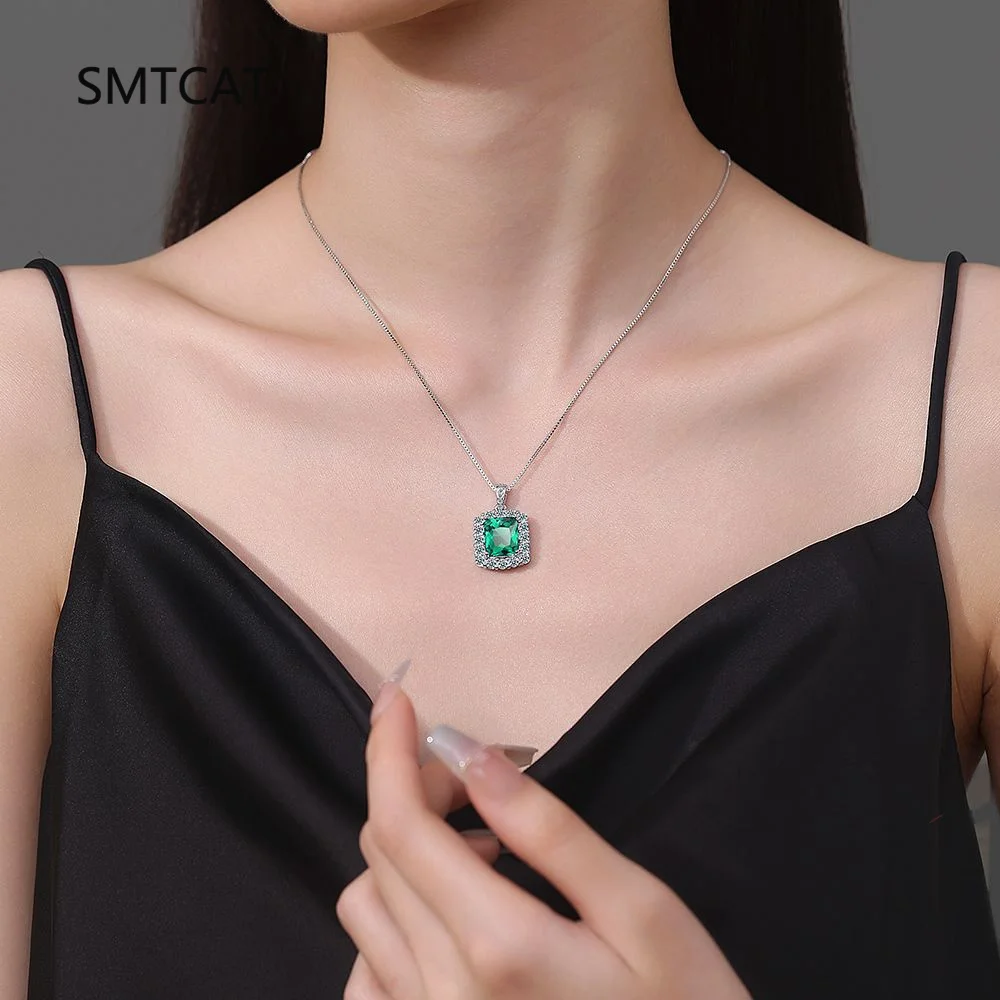 Green Simulated Nano Emerald 925 Sterling Silver Geometric Square Pendant Necklace for Women Fashion Statement Gemstone Jewelry