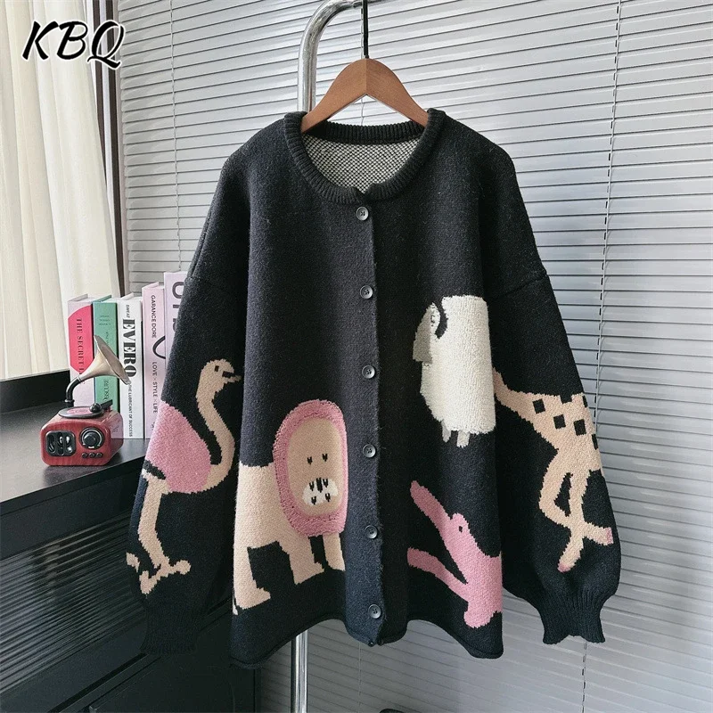 KBQ Korean 2025 New Design Sense Animal Pattern Coats For Women Loose and Slimming Knitted Cardigan Round Neck Sweater Female