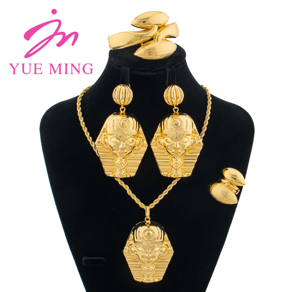 Pharaoh Jewelry Sets Women Charm Bracelet Copper Necklace Gold Plated King of Egypt Pendant Luxury Earrings Wedding Party Gifts