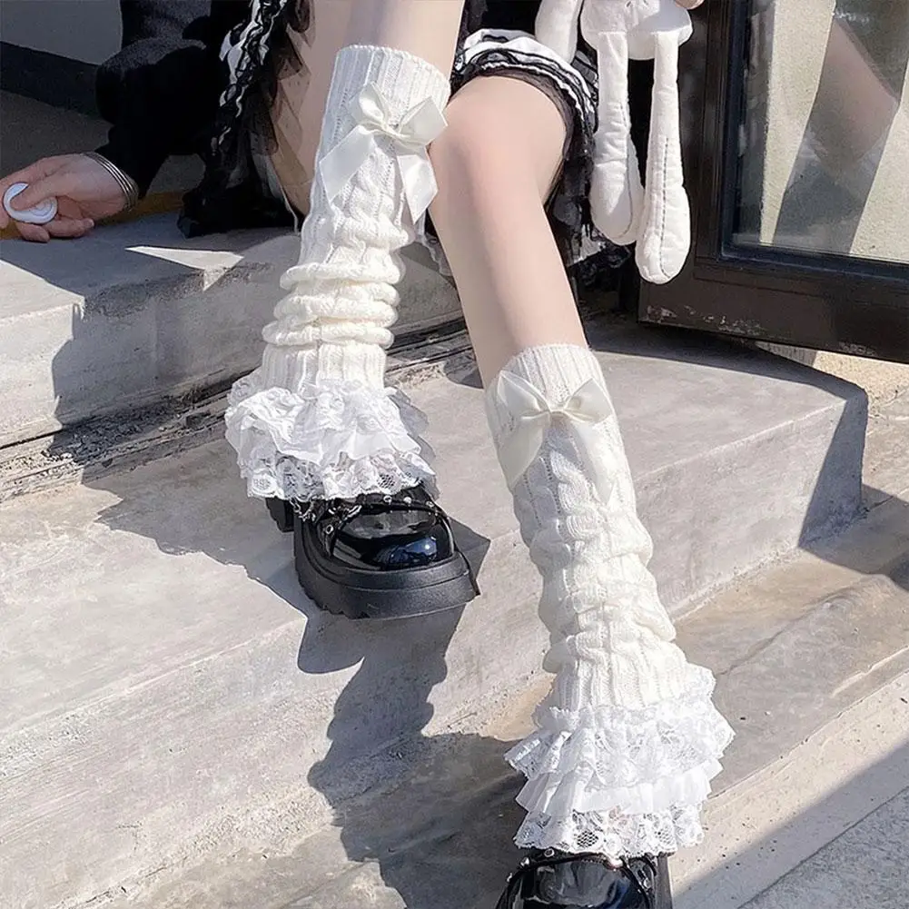 Cute Lace Flared Knitted Long Legs Warmers Harajuku Lolita Socks White Foot Cover Kawai Jk Calf Gaiters Sweet Legwarmers