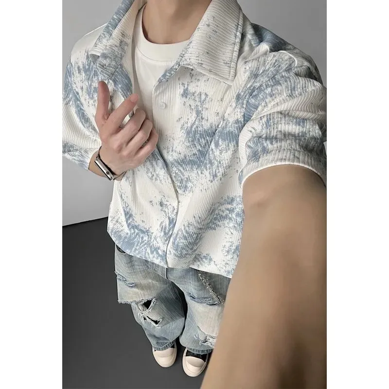 

Men's Hong Kong Style Tie Dye Short Sleeve Shirt Oversized Casual Streetwear Korean Fashion Neutral Button Down Blouse Tops