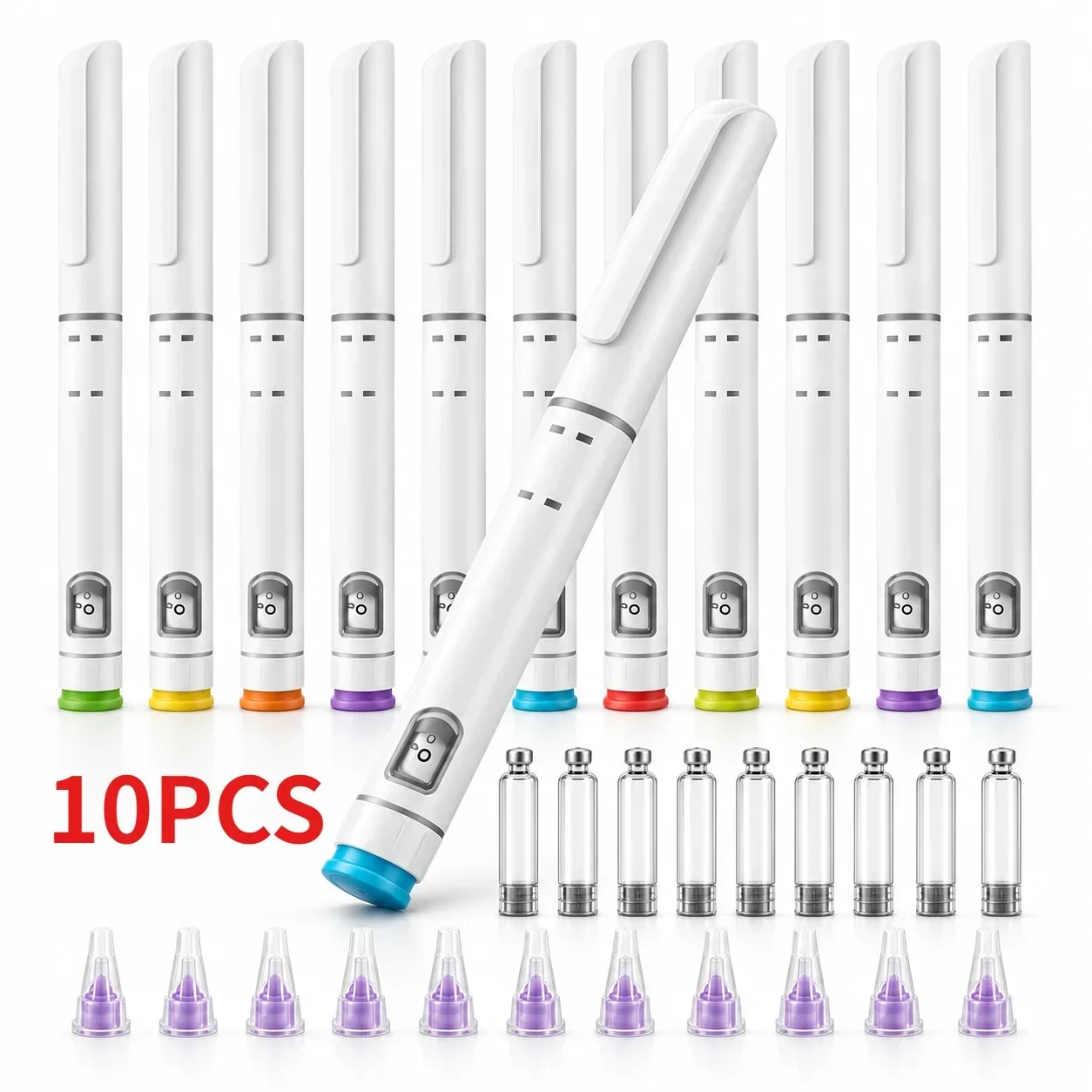 10Pack Complete Disposable Adjustable Insulin Injector Pen Kit 3ml Cartridge Bottles +8mm Needles Precise Dosing Injection