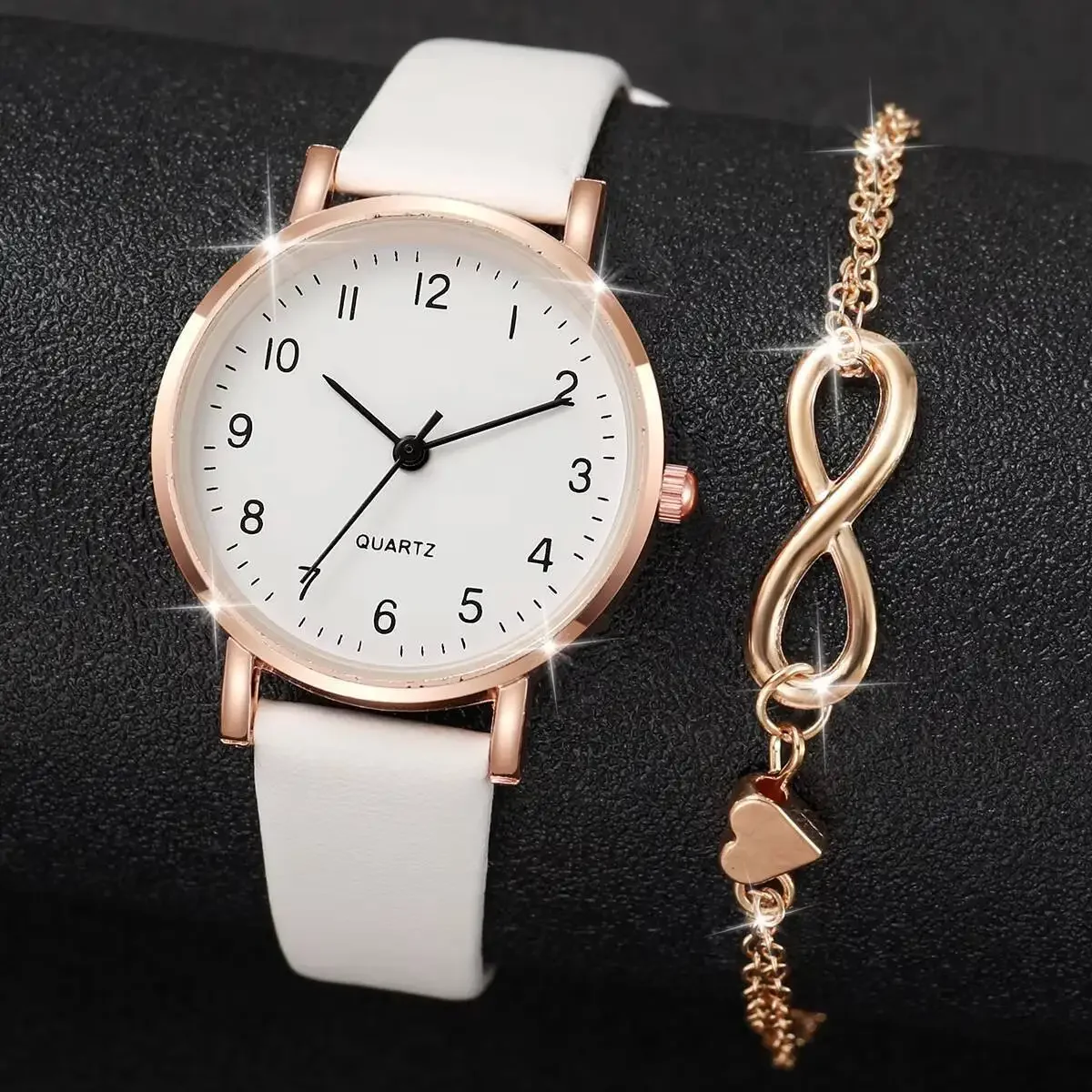 2PCS Fashion Arabic Dial Women's Watches Set Casual Leather Strap Quartz Wristwatches Gold Heart Bracelet Set Reloj Mujer