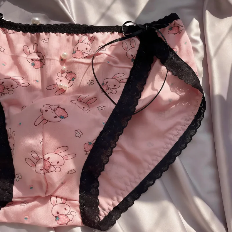 Sexy Pink Men's Sweet Cute Lace Modal Underwear Cartoon Pattern Middle Waist Boxers Briefs Sissy Cosplay Party Costumes BF Gift