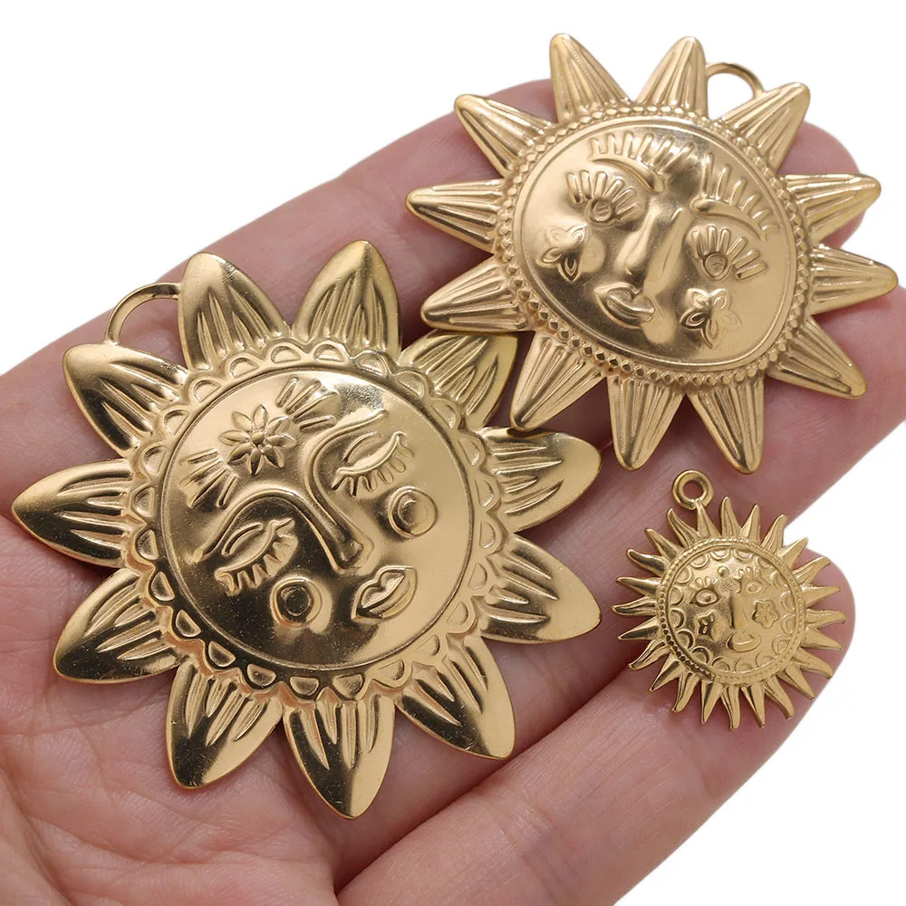 5pcs PVD Gold Charms Stainless Steel Sun Charm Vintage Round Embroidery Pendant Findings for DIY Earring Necklace Jewelry Making - view 3