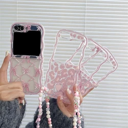 Cute Pink Bow Leopard Print Phone Case For Samsung Galaxy Z Flip 6 5 4 3 Z Flip4 Flip5 Flip3 5G Cover with Chain Silicone Cases