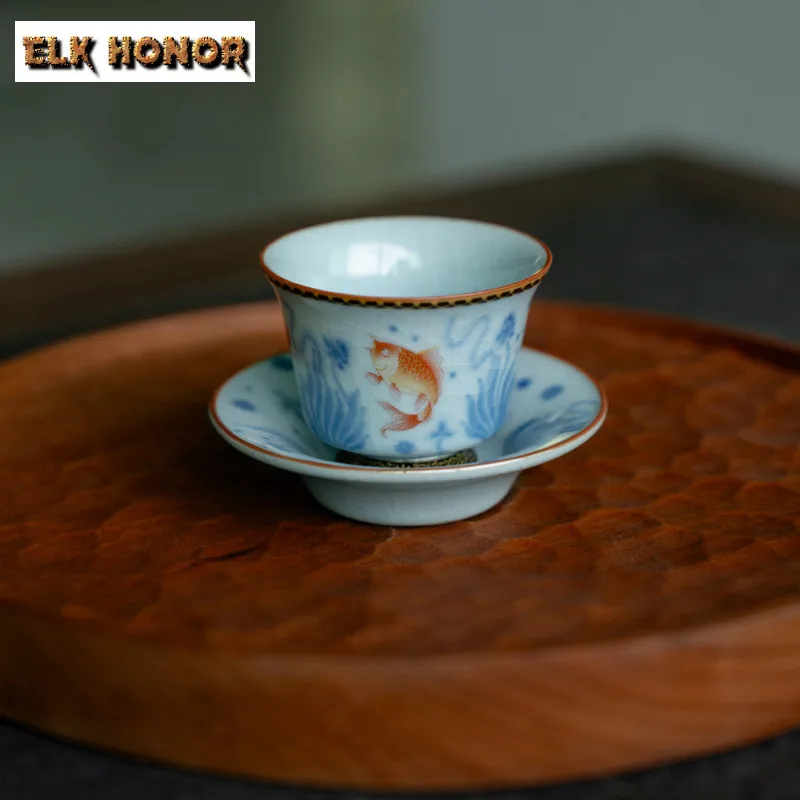 

2 шт./лот, ручная роспись, рыба с подставкой, чайная чашка, роскошная чайная чаша, чайная пара, чашка для дегустации чая, чашки для запаха, чашки Master, чайный сервиз, 50 мл