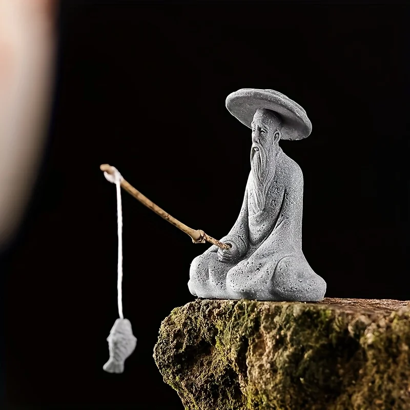 2pcs Fishing Old for Man Ornament Set - Lifelike Asian Zen Sculpture for Aquarium, Bonsai & Desktop Decor | Miniature Stone Sta