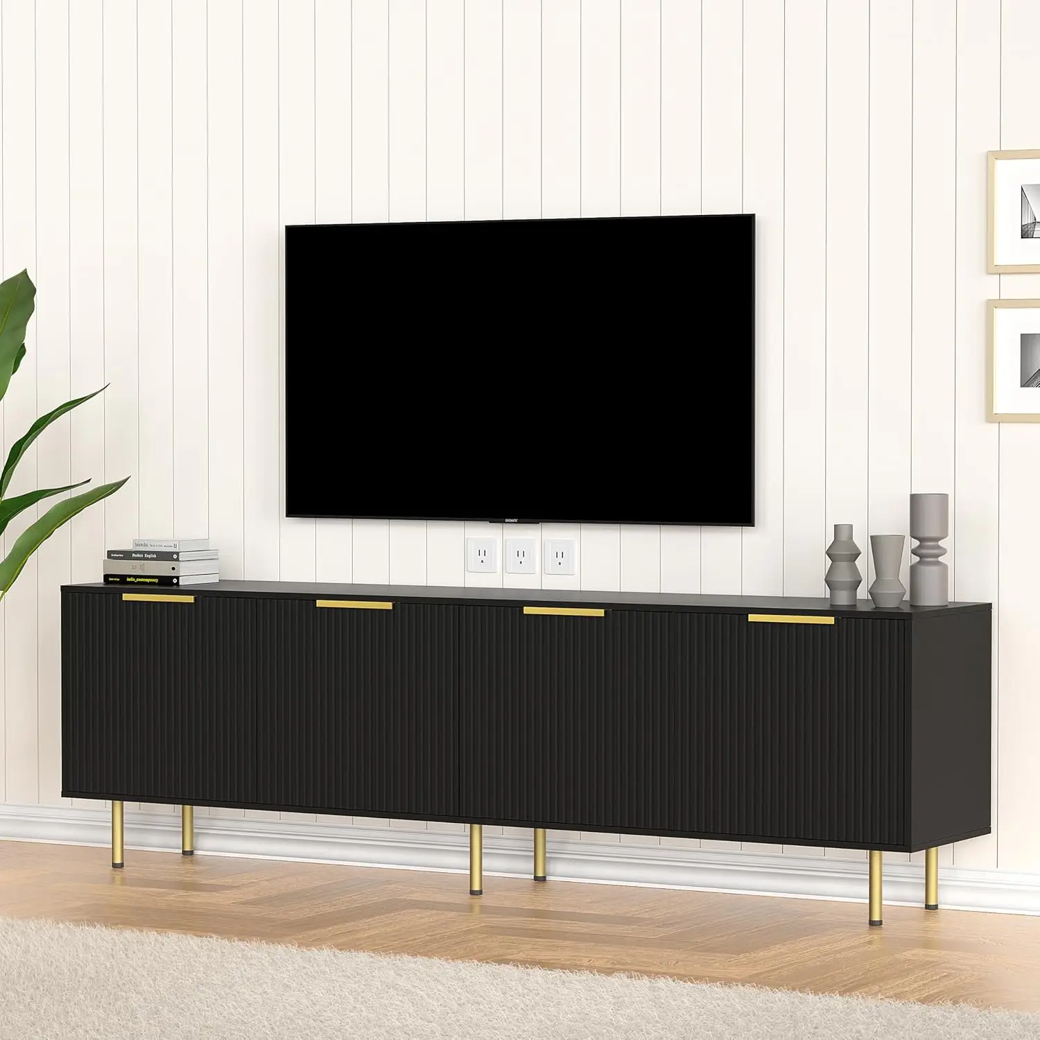 

Black TV Stand for 80+ Inch TV, Modern TV Consoles for Living Room, Entertainment Stand with Storage Cabinets, 4 Large Drawers