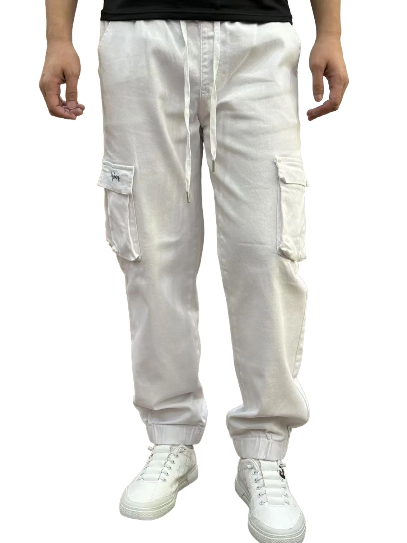 

KING JEANS Мужские белые брюки с эластичной резинкой на талии Модные модные брюки в стиле хип-хоп с многофункциональными карманами и манжетами