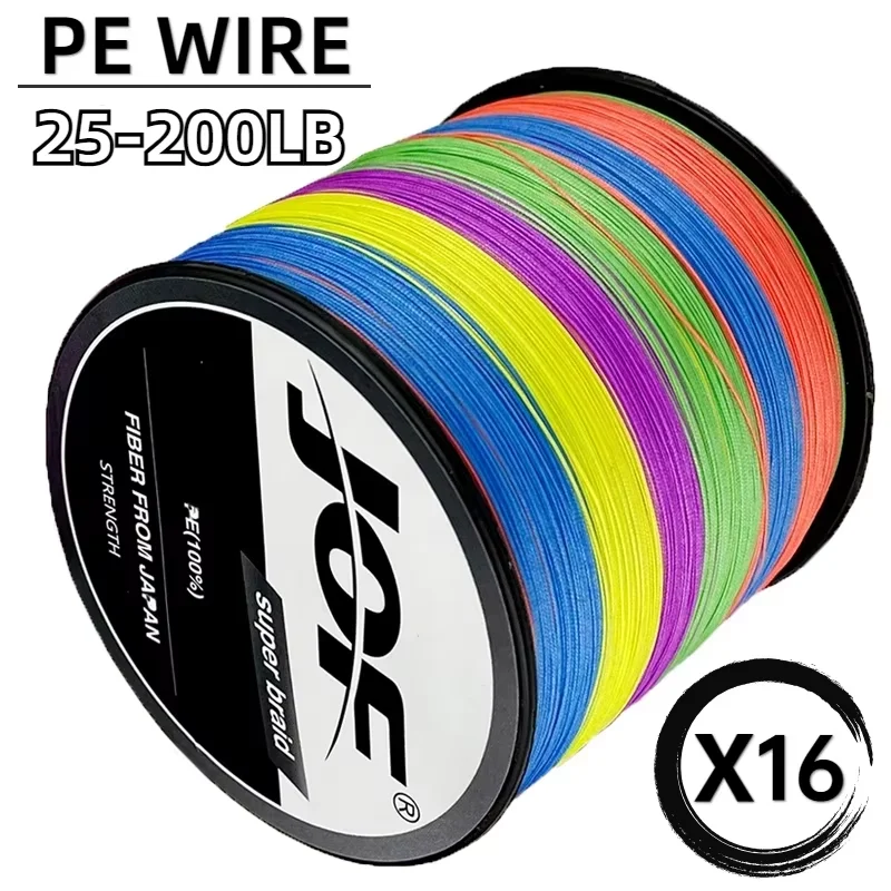JOF 16 Stränge 100/300 m mehrfarbige geflochtene Angelschnur, extrem starke Webart, 25–200 lb, Multifilament-Salzwasser-PE-Draht, 0,16–0,8 mm