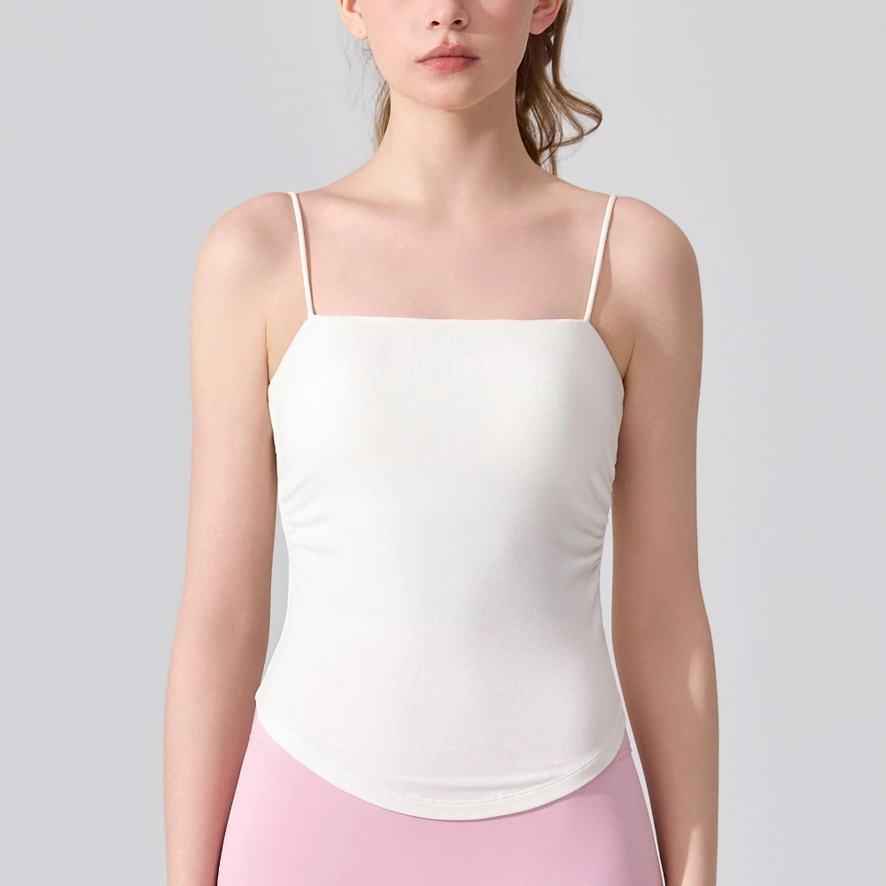 

MIML Women Slimming Pleat Yoga Top with Chest Pad Summer Fitness Tank Top Strap Running Shock Absorption Running Yoga Clothes