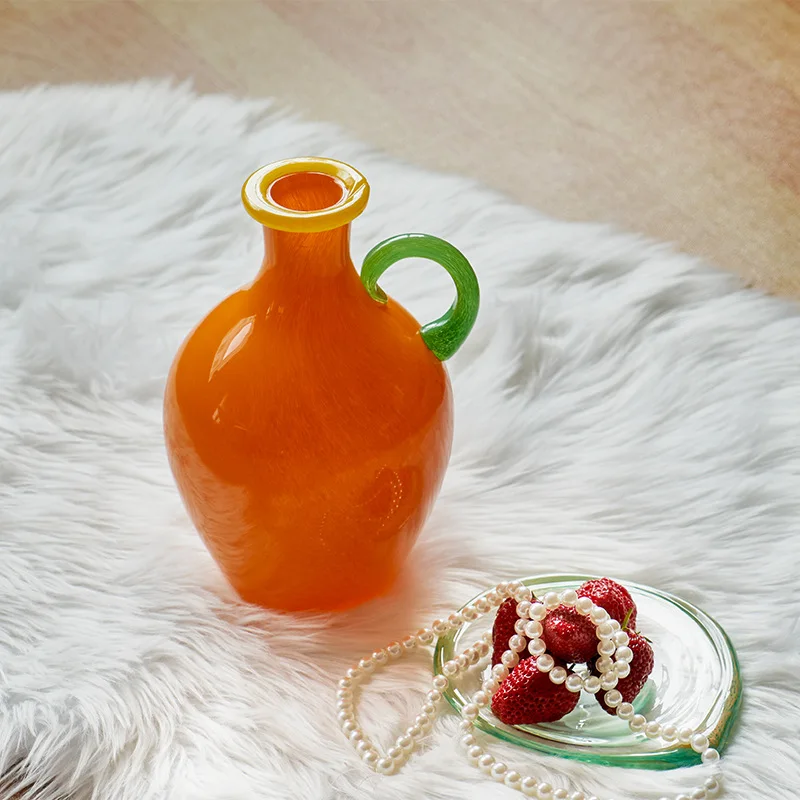 Stained Glass Vase Vintage Binaural Handle Flower Floral Arrangement Accessories Terrarium Home Decoration