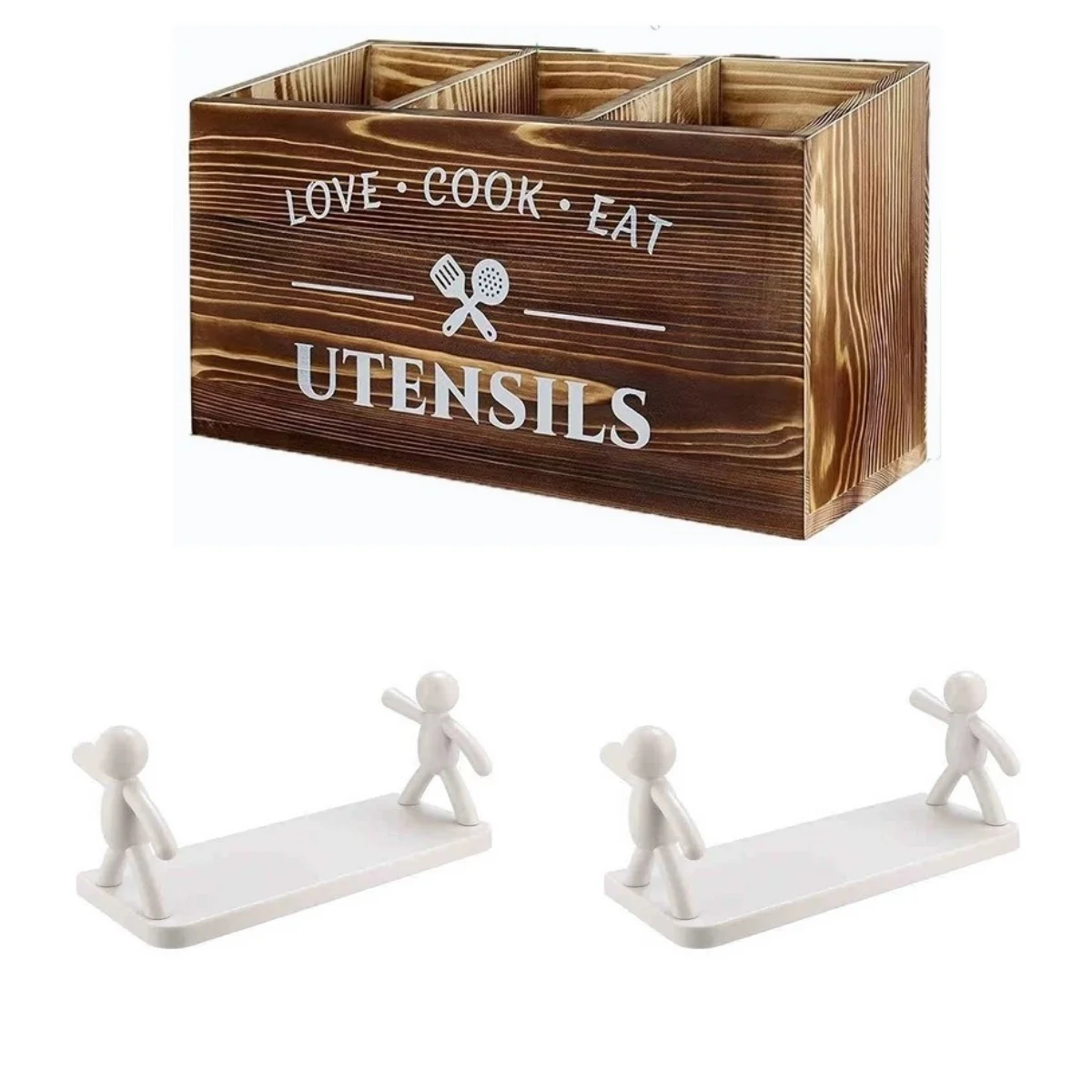 Kitchen Storage Rack, 3 Counts/set Including 1 Wooden Box & 2 Cutlery Shelf, Kitchen Utensil Organizer