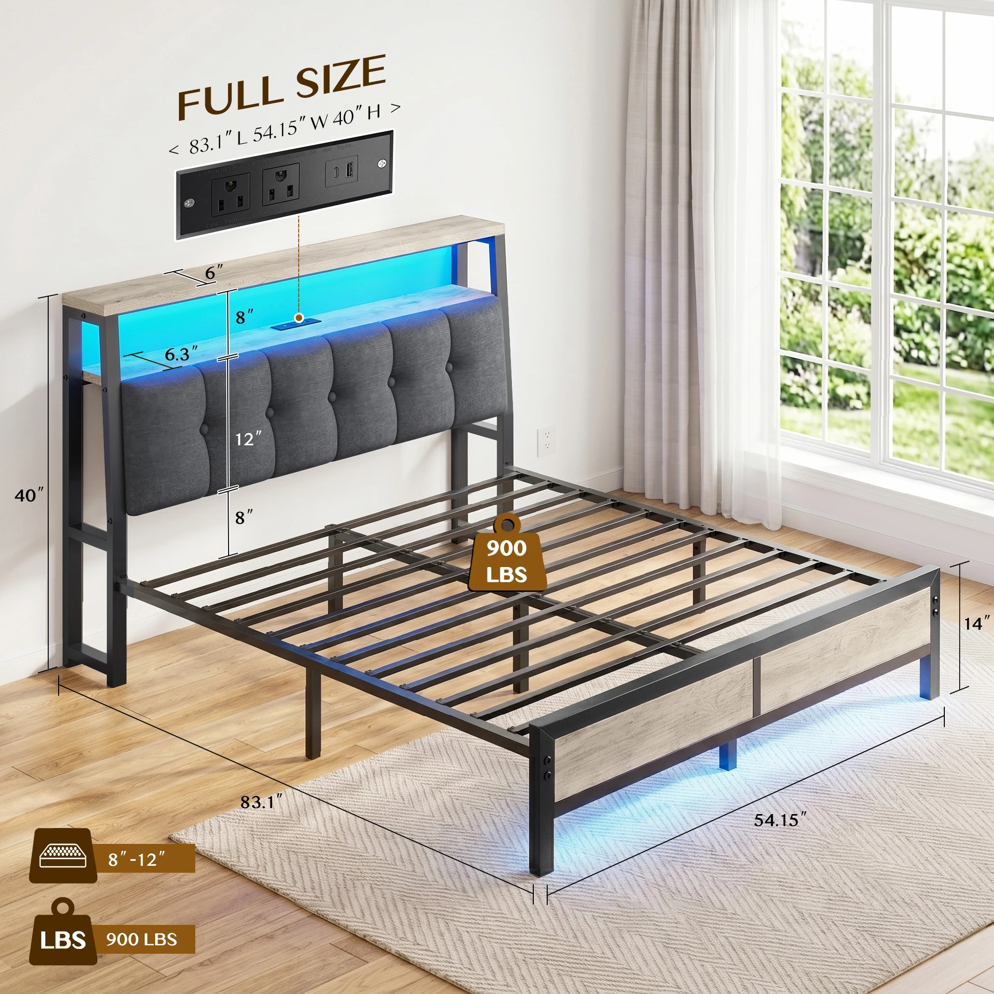 RAYBEE King Bed Frame with Upholstered Headboard & Charging Station Linen Upholstery, 2-Tier Shelf, 2 AC Outlets, Type-C, RGB LED Remote, 12in Underbed Clearance, 1100 lbs, No Box Spring, Grey image 6