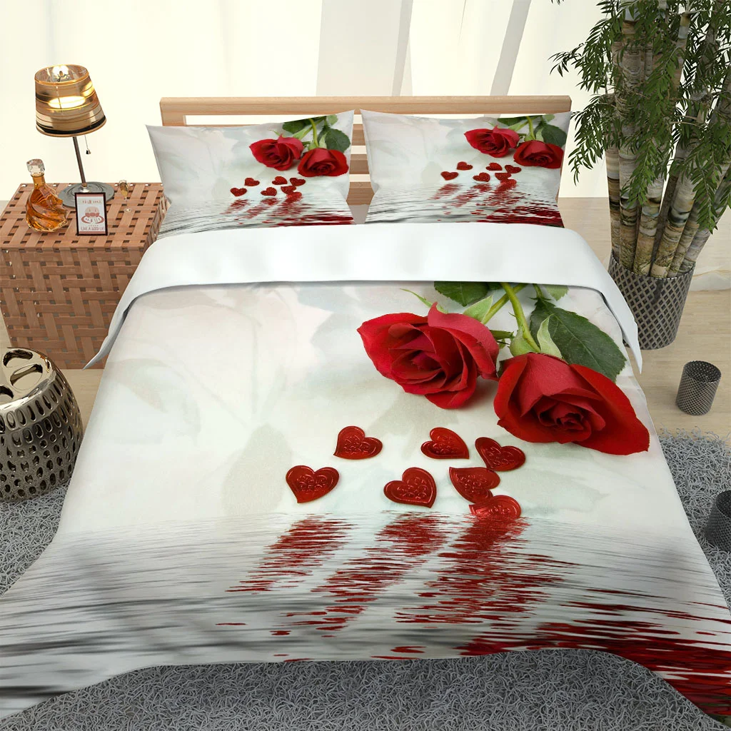 HUANZHUANG 3D Red Heart Shaped Flowers Duvet Covers Twin Size Soft Microfiber Bedding Set with 2 Pillowcase Duvet Cover Zipper