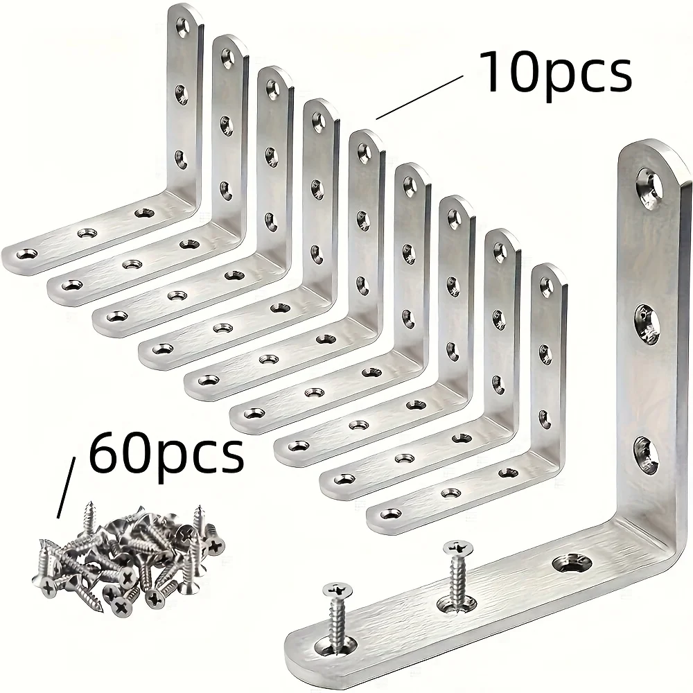 10Sets Heavy-Duty L-Shaped Right Angle Brackets (70pcs) | 90-Degree Corner Braces with Pre-Drilled Holes for Furniture, Shelving