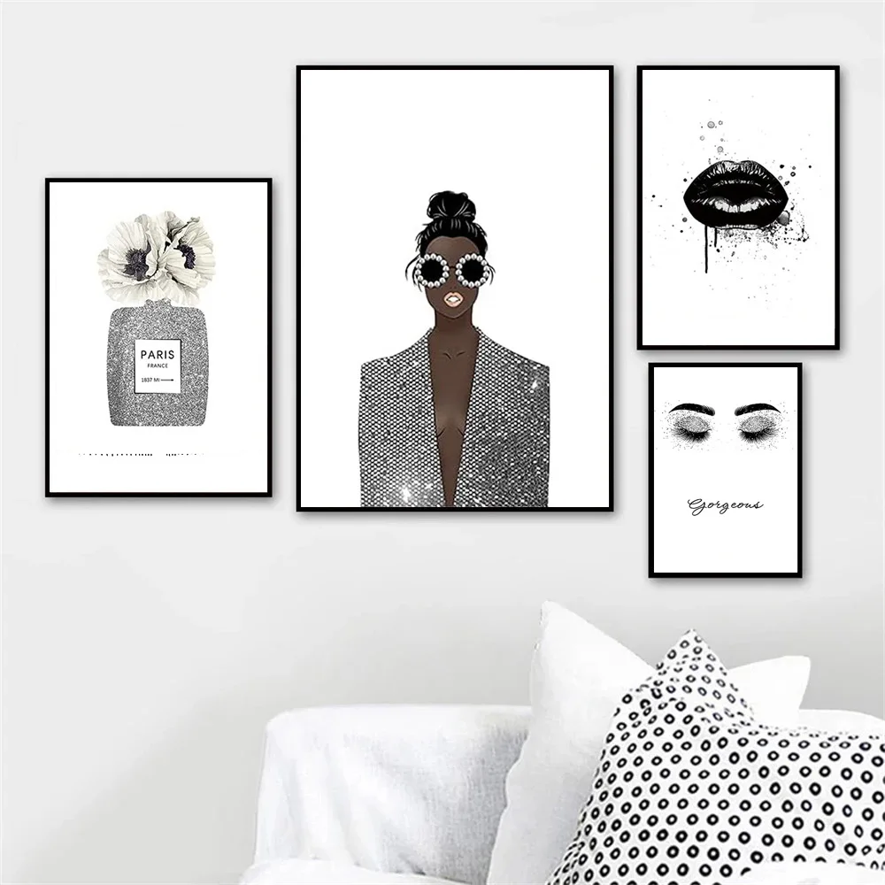 Monochrome Fashion Confident Woman with Diamond Accents Unframed Canvas Painting Posters For Living Room Bedroom Wall Art Decor