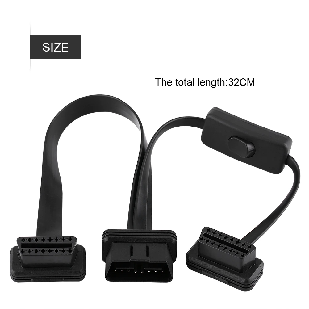 OBD2 Cable Adapter OBD2 Flat Extension Cable 16 Pin Male to Dual Female OBD2 Splitter Flat Extension Cable Adapter with Switch