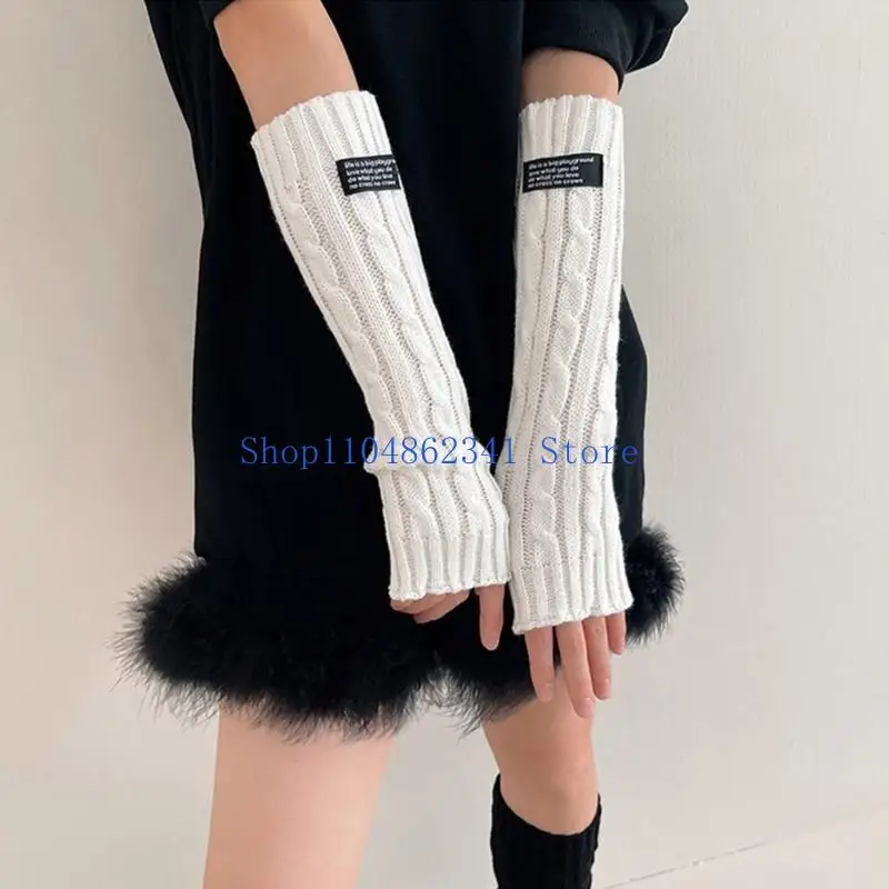 5asd Letter Label Decor Arm Warmer Glove Winter Knit Half-finger Mittens for Couple