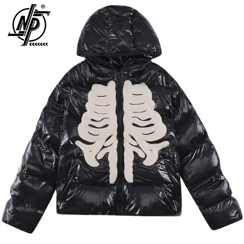 

Winter Hooded Parkas Jackets Men Y2K Streetwear Hip Hop Embroidery Skull Skeleton Thicken Warm Bubble Zip Up Short Puffer Coats