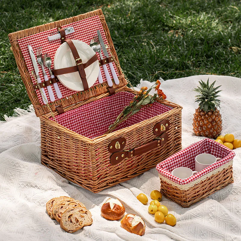

High Quality Willow Picnic Basket Rattan Insulation Basket Picnic Box Portable Folding Full Set of Supplies Storage Camping