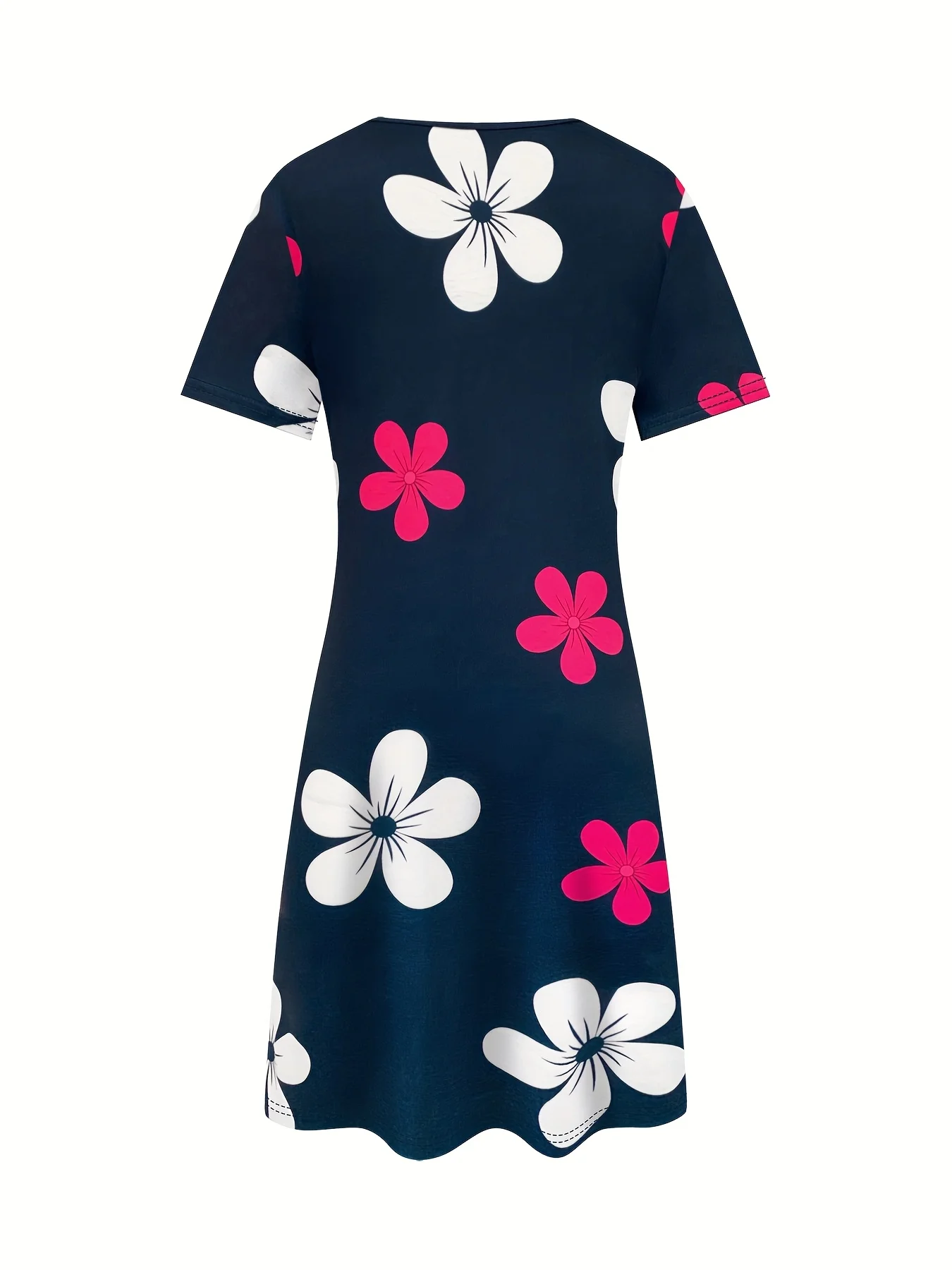 Lässiges T-Shirt-Kleid mit abstraktem Blumendruck für Damen, Marineblau mit rosa und weißem Kontrast-Trägerkleid, atmungsaktive Y2k-Damenkleidung