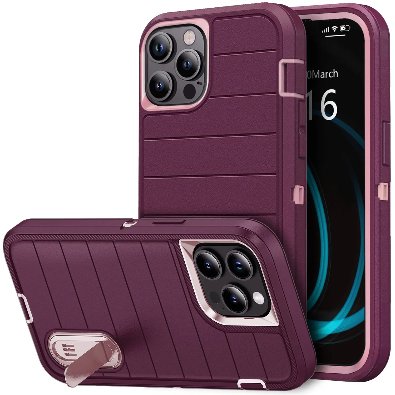 

Чехол для iPhone 12/iPhone 12 Pro/iPhone 12 Pro Max, 3-слойный прочный гибридный сверхпрочный защитный чехол для телефона с подставкой, фиолетовый, розовый