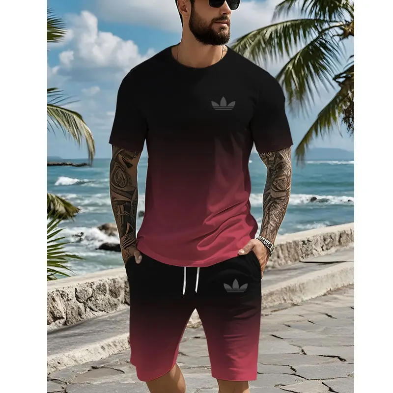 2024 Urban Street Fashion Trend Men's Round Neck Short Sleeve Set Outdoor Casual Simple Printed Men's Top Outdoor Casual Shorts