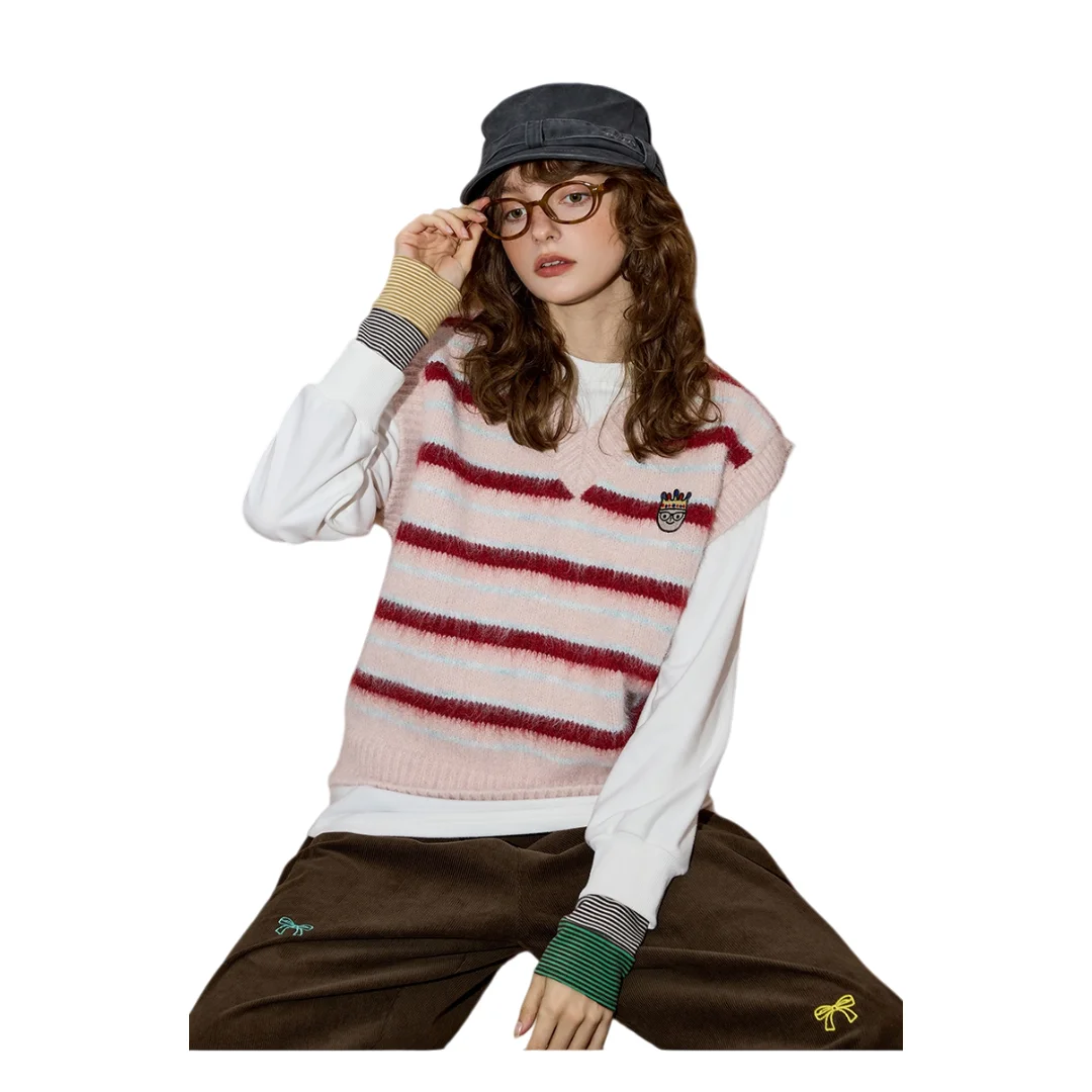 

Женский мягкий жилет с v-образным вырезом, полосатый вязаный многослойный жилет без рукавов, милый милый кардиган на осень Y2K, шикарный жилет в консервативном стиле