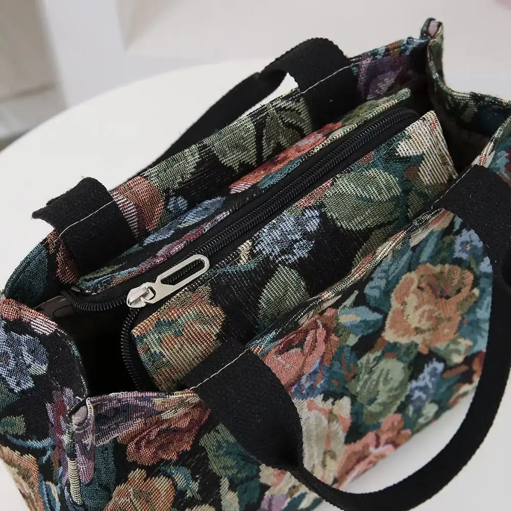 Tragbare Damen-Tragetasche mit Blumenmuster, verdickte Canvas-Lunch-Tasche mit Reißverschluss, große Jacquard-Handtasche – Detail 11